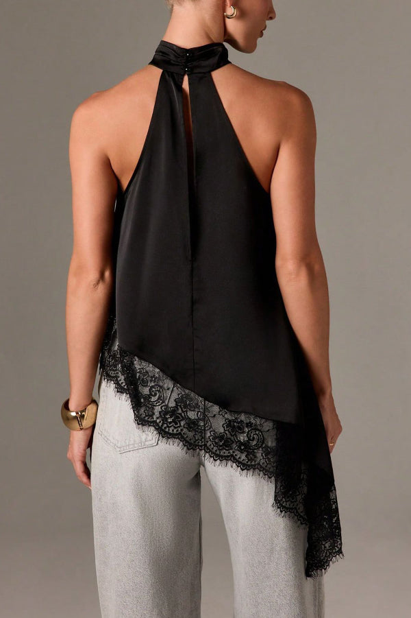 Cardydony Women's Solid Color Satin Sleeveless Lace Hem Loose Top