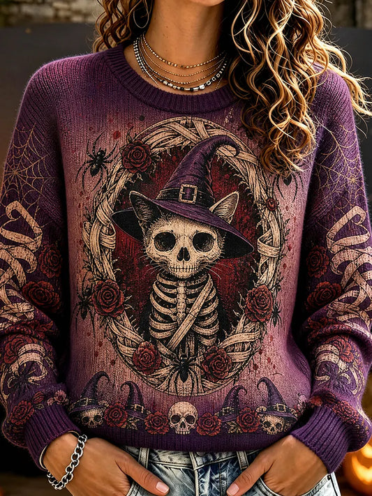 Cardydony Women's Skeleton Cat In Witch Hat Graphic Knit Sweater - Purple Spooky Pattern