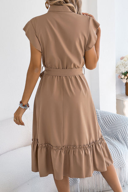 Cardydony Women's Solid Color Stand Collar Button Waist Tie Casual Midi Dress