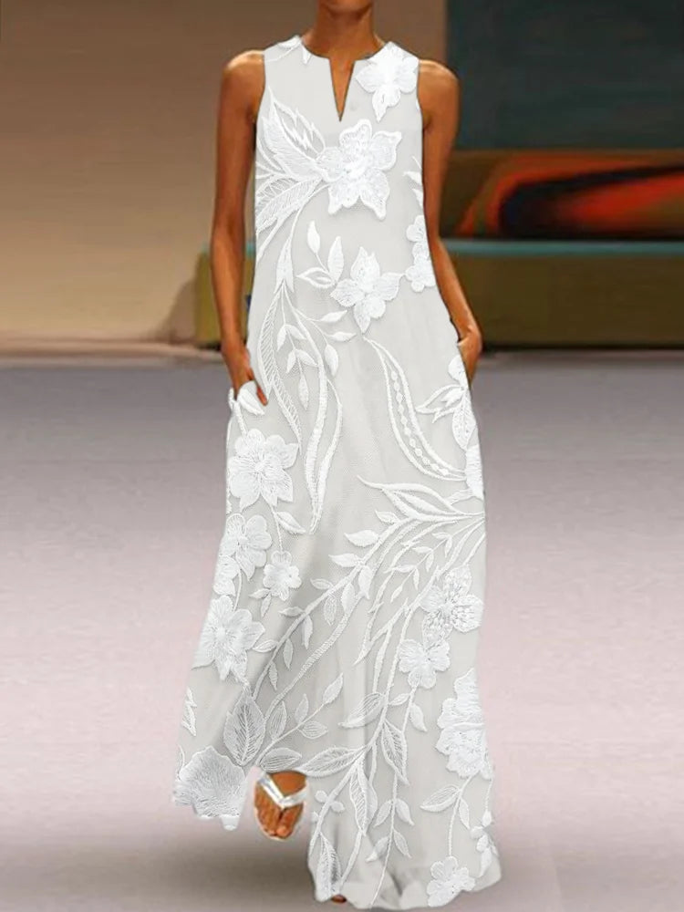 Cardydony Classy Floral Embroidered Flowy Maxi Dress