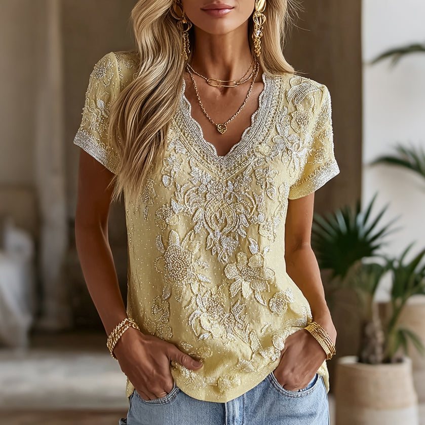 Cardydony Women's Retro Romantic Floral Art Linen Blend Short Sleeve V Neck Tops