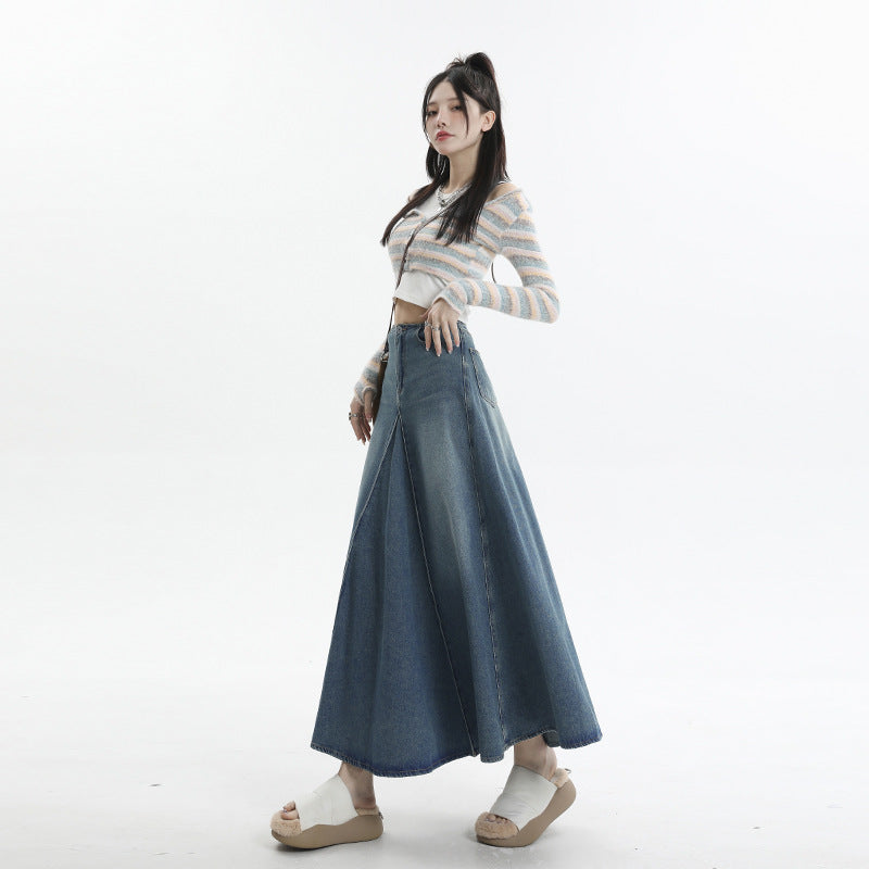 Cardydony Women's Vintage-Inspired A-Line Denim Maxi Skirt