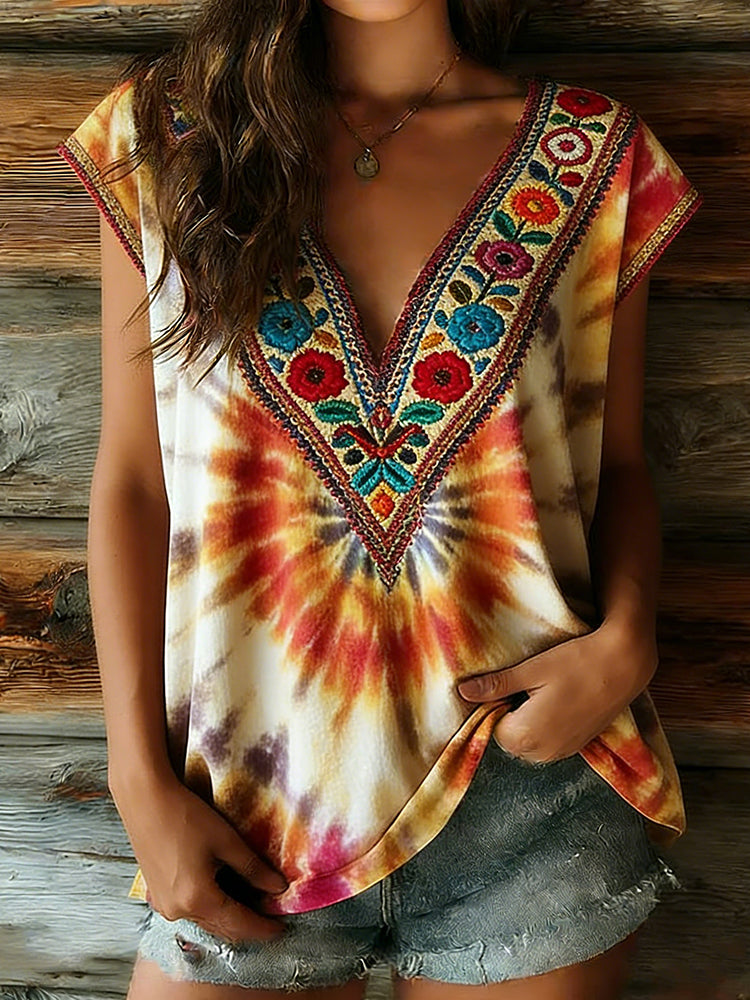 Cardydony Women's Retro Ethnic Tie-dye Floral Pattern V-neck Vest