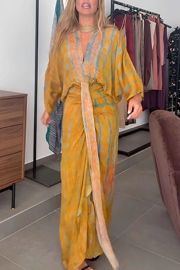Cardydony Women's Unique Printed V-neck High-waisted Loose-fitting Holiday Maxi Dress