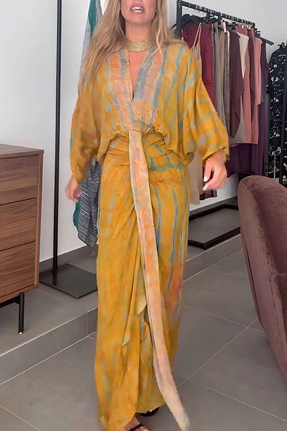 Cardydony Women's Unique Printed V-neck High-waisted Loose-fitting Holiday Maxi Dress