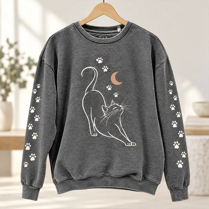 Cardydony Women's Dark Grey Stretching Cat And Moon Graphic Crew Neck Sweatshirt