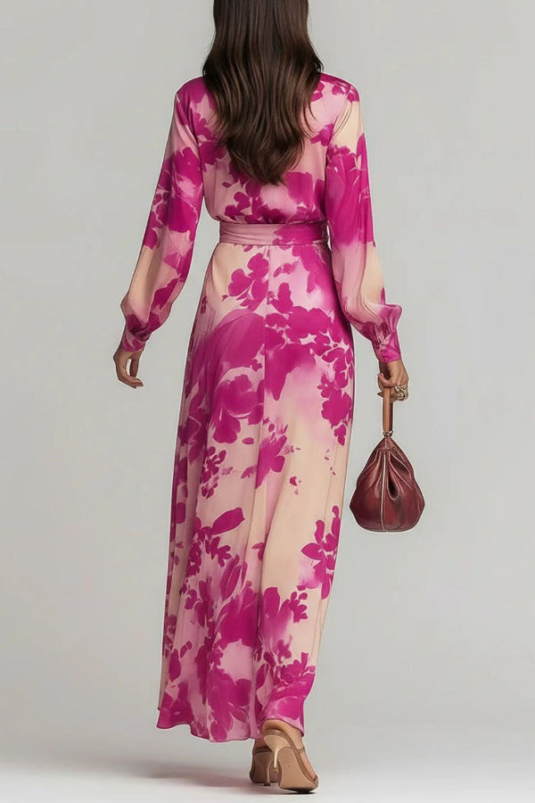 Cardydony Women's  Floral Print Chiffon Long-Sleeved V-Neck Tie Waist Elegant Maxi Dress