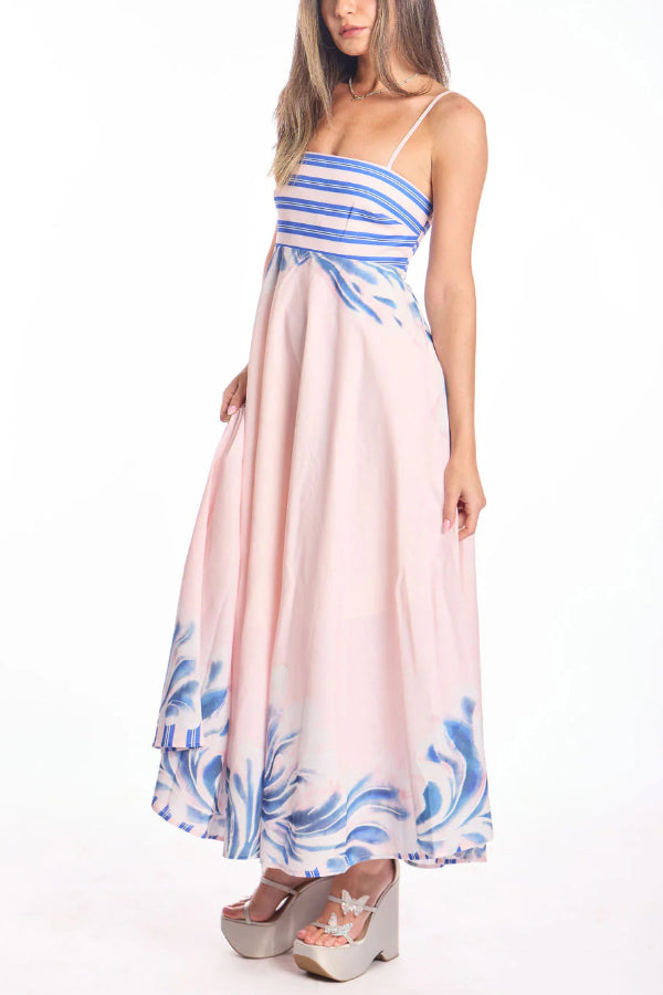 Cardydony Women's Unique Print Square Neck Spaghetti Strap Back Gathered Maxi Dress