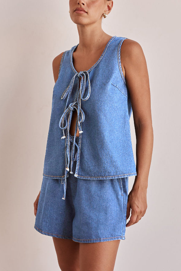 Cardydony Women's  Stylish Sleeveless Round Neck Tie-up Casual Denim Vest