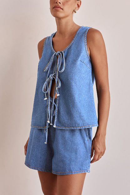 Cardydony Women's  Stylish Sleeveless Round Neck Tie-up Casual Denim Vest