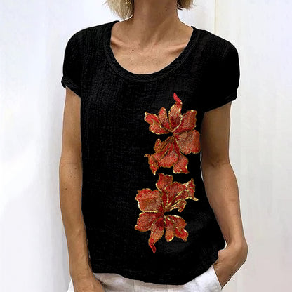 Cardydony Vintage Embroidered Sequin Maple Leaf Pattern Print Art Party Round Neck Tshirt