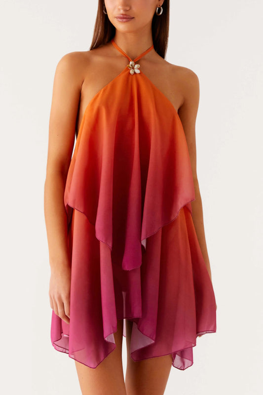 Cardydony Women's Fashionable Gradient Halter Neck Loose Backless Mini Dress
