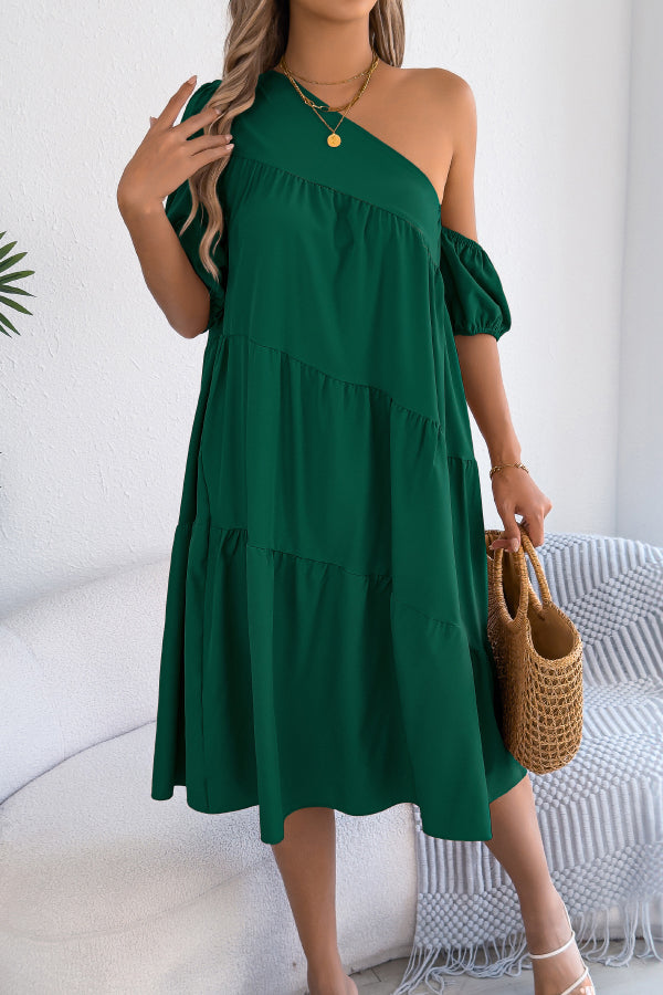 Cardydony Women's Solid Color Loose Slash Neck Short-sleeved Casual Midi Dress