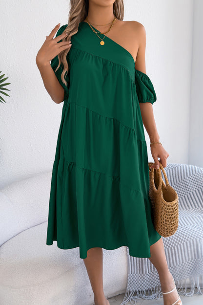 Cardydony Women's Solid Color Loose Slash Neck Short-sleeved Casual Midi Dress