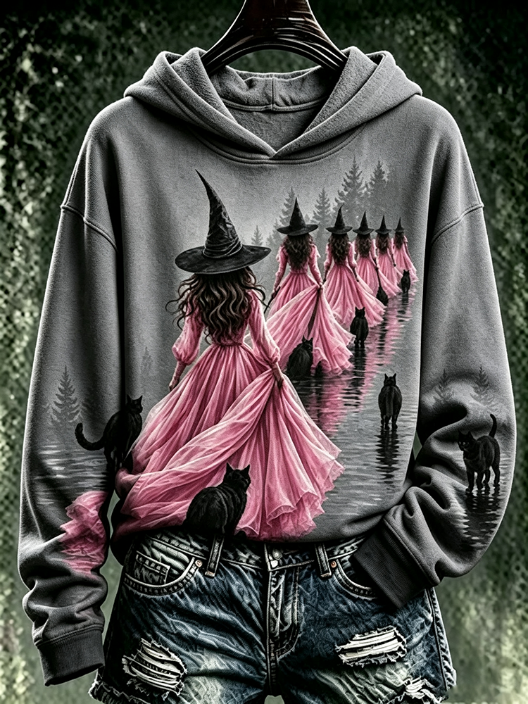 Cardydony Women's Pink Halloween Witch Print Hoodie
