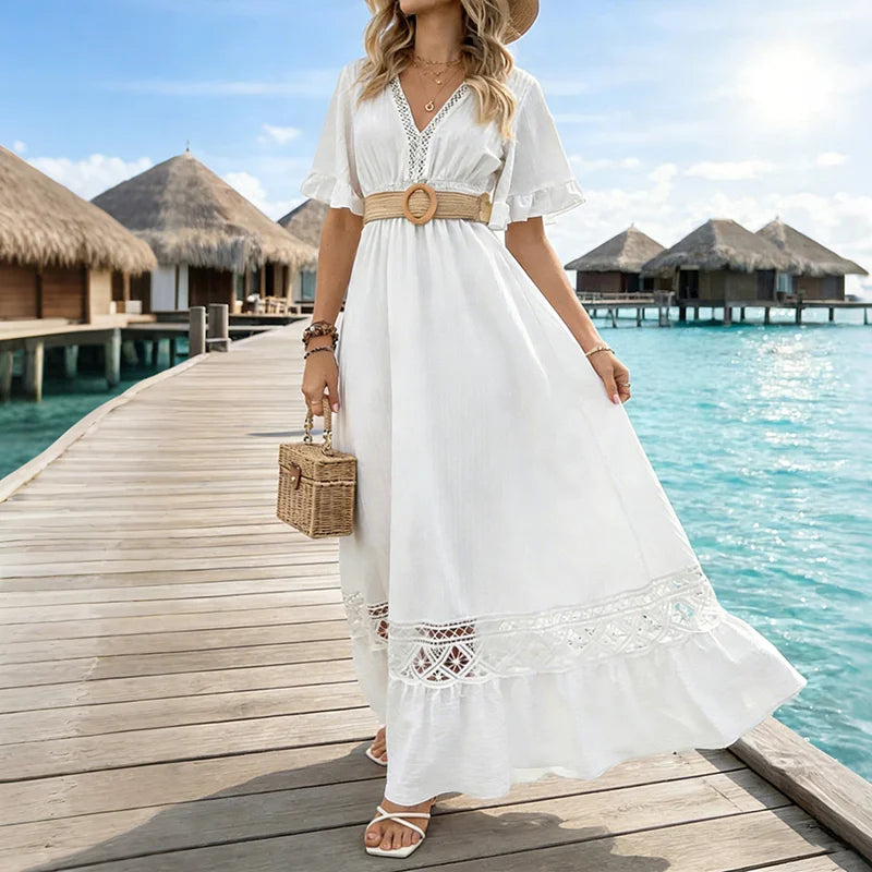 Cardydony Vintage Boho Lace Patchwork Cotton And Linen Maxi Dress