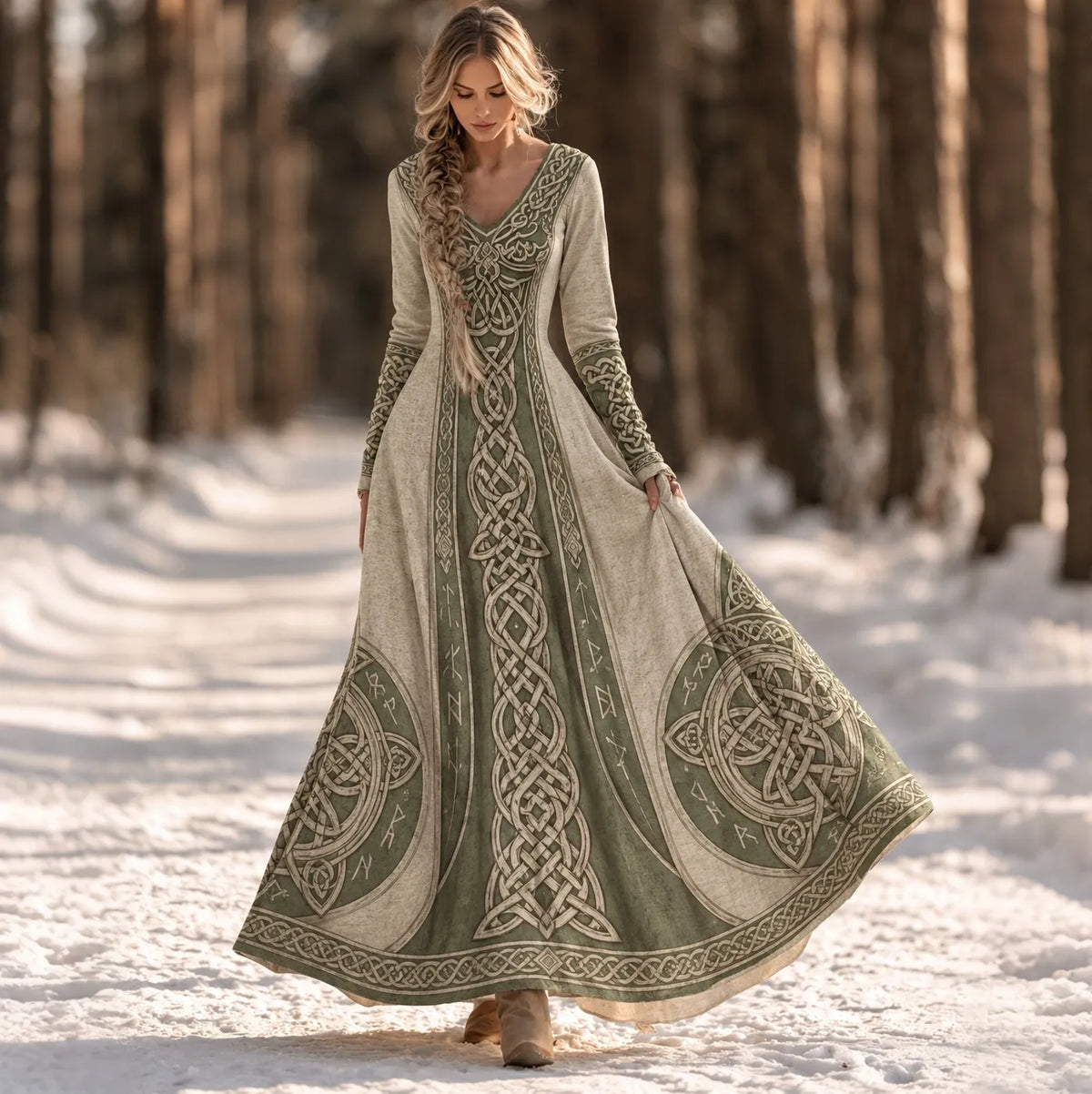 Cardydony Women's Vintage Viking Celtic Knot Art Print V-neck Maxi Dress(belt Not Included)