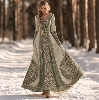 Cardydony Women's Vintage Viking Celtic Knot Art Print V-neck Maxi Dress(belt Not Included)