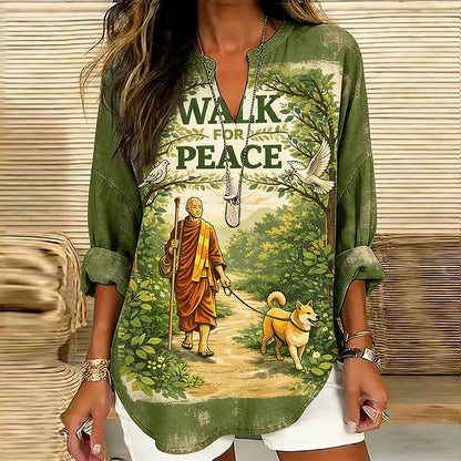 Cardydony Walk For Peace Slogan Pattern Design Casual Color-blocked Long-sleeve Top