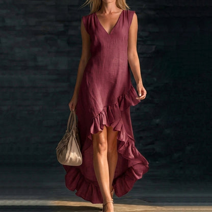 Cardydony Sleeveless V-neck Ruffled Hem Linen Dress