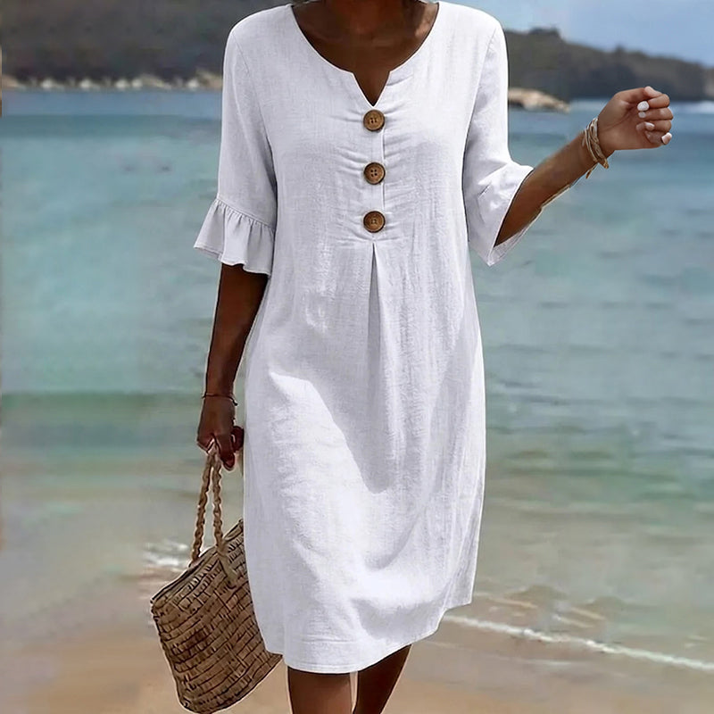 Cardydony Casual Solid-color Cotton V-neck Button Midi Dress