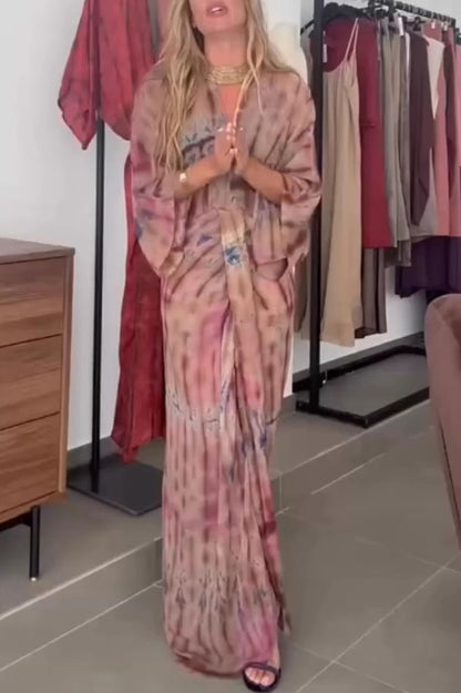 Cardydony Women's Unique Printed V-neck High-waisted Loose-fitting Holiday Maxi Dress