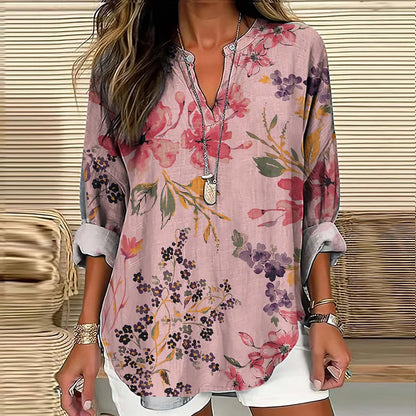Cardydony Elegant Floral Art Linen Blend Tunic