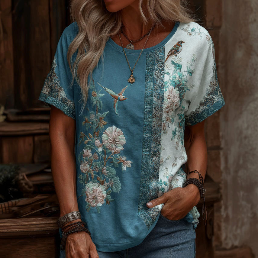 Cardydony Women's Retro Floral And Bird Print Crew Neck T-shirt