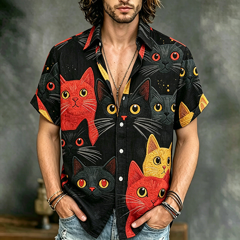 Cardydony Men's Cat Collection Orange Cat Among Black Cats Costume Printing Inspired Art Flowy Linen Blend Shirt