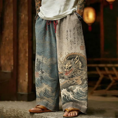 Cardydony Men's Retro Calligraphy Dragon With Waves Art Linen Pants