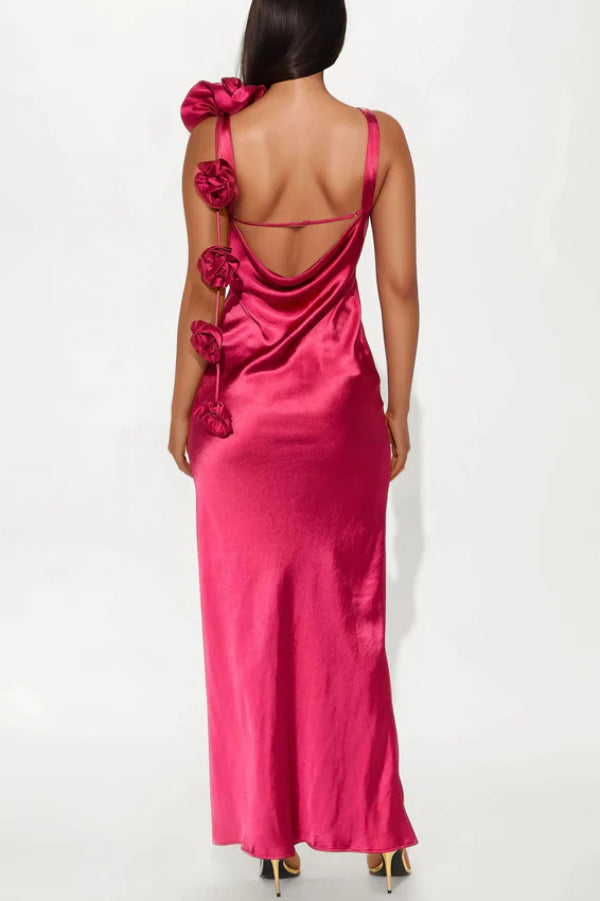 Cardydony Women's Satin Floral Embellishment Backless Elegant Slim-fit Maxi Dress