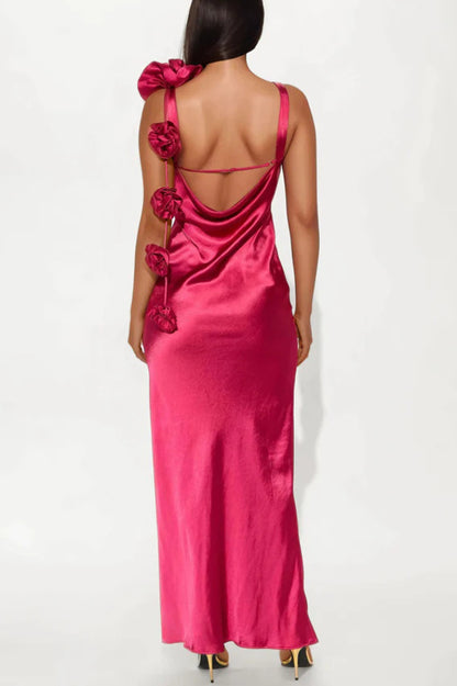 Cardydony Women's Satin Floral Embellishment Backless Elegant Slim-fit Maxi Dress
