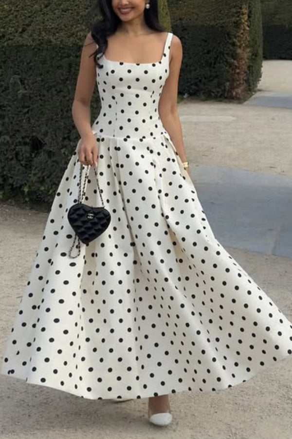 Cardydony Women's Polka Dot Print Square Neck Sleeveless Holiday Maxi Dress