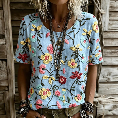 Cardydony Women's Vintage Floral Design Linen Casual T-shirt