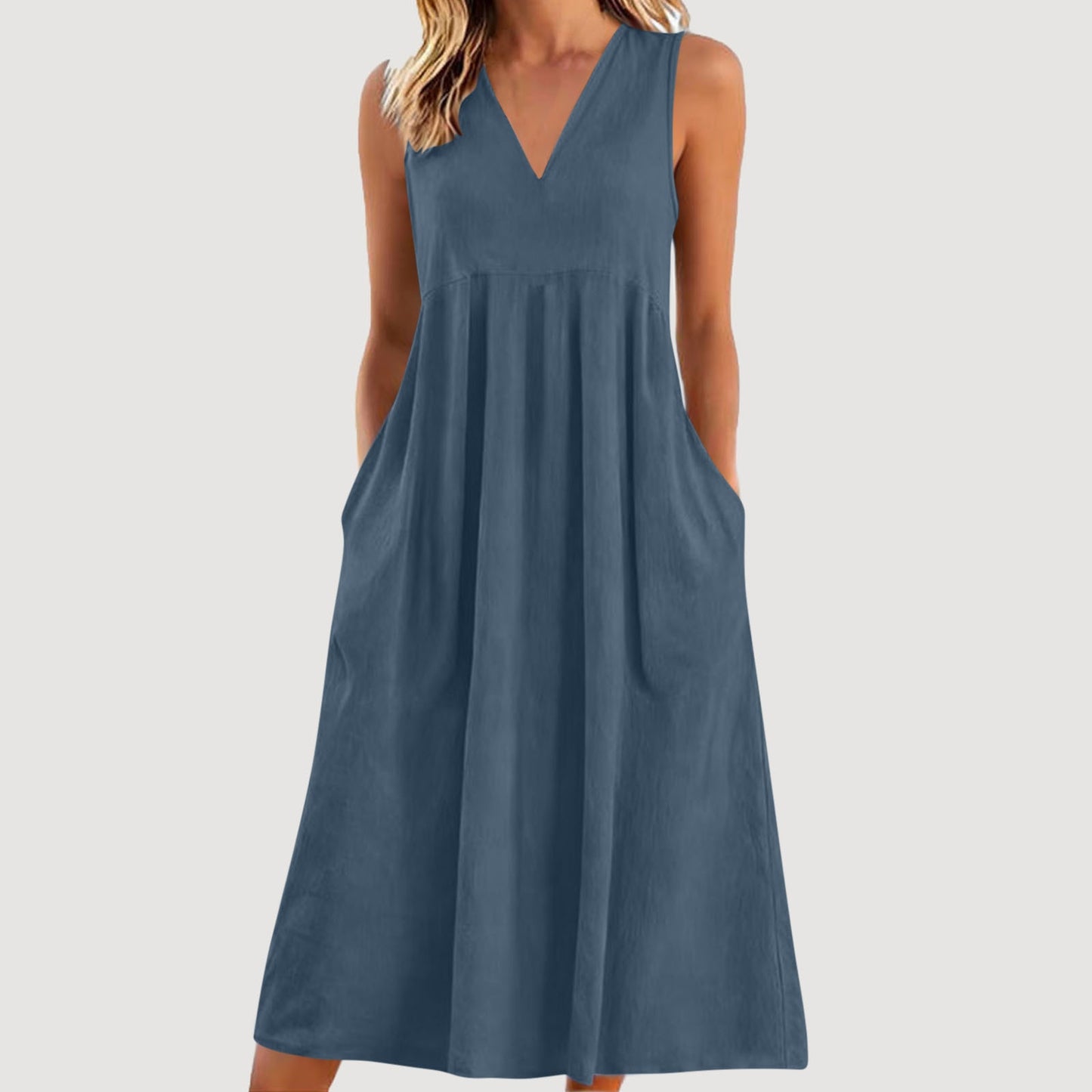 Cardydony Women's Solid Color V-neck Sleeveless Linen Blend Midi Dress