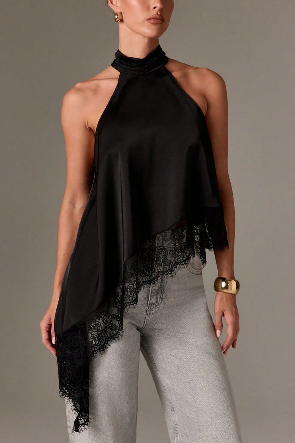 Cardydony Women's Solid Color Satin Sleeveless Lace Hem Loose Top