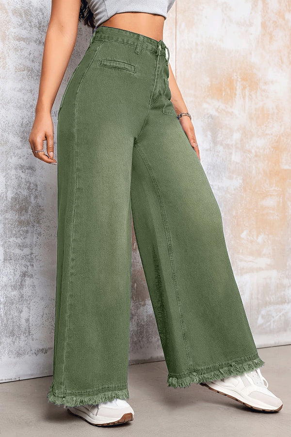 Cardydony Women's Stylish Loose-fitting Frayed Hem Casual Pocket Wide-leg Jeans