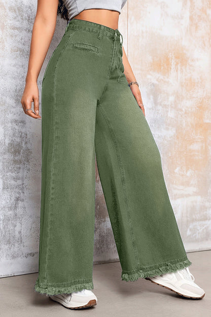 Cardydony Women's Stylish Loose-fitting Frayed Hem Casual Pocket Wide-leg Jeans