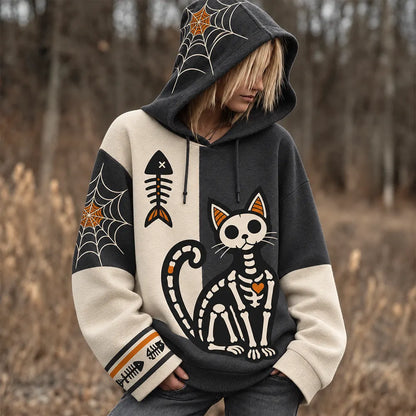 Cardydony Women's Skeleton Cat And Spider Web Patchwork Hoodie