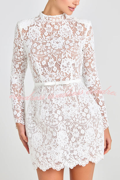 Cardydony Women's Champagne Toast Flower Lace Long Sleeve Bow Belted Mini Dress