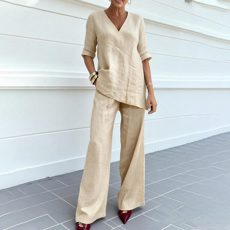 Cardydony Women's Solid Color V-neck Linen Blend Two Piece Set