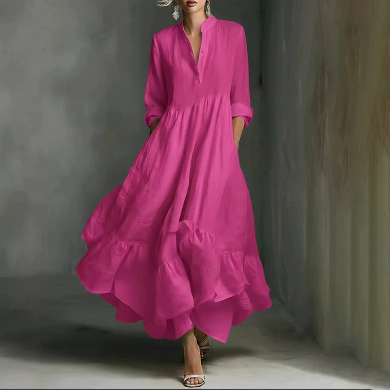 Cardydony Women's Flowy Solid Color Buttons Linen Blend Maxi Bud Dress