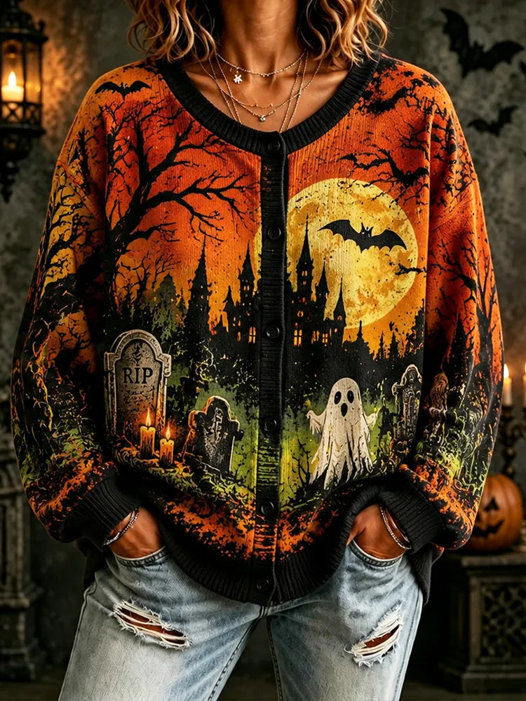 Cardydony Women's Halloween Cardigan Sweater - Haunted Castle, Full Moon, Ghost & Tombstones Print