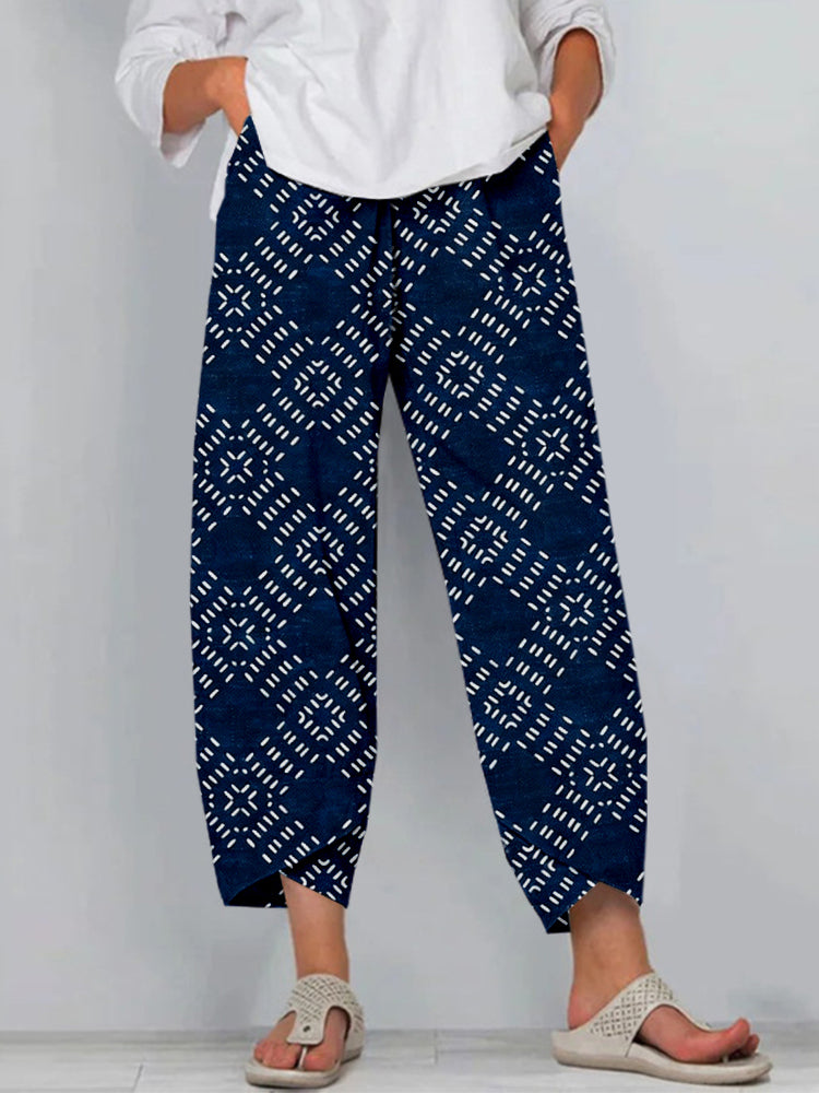 Cardydony Vintage Japanese Geometrical Art Cropped Linen Pants