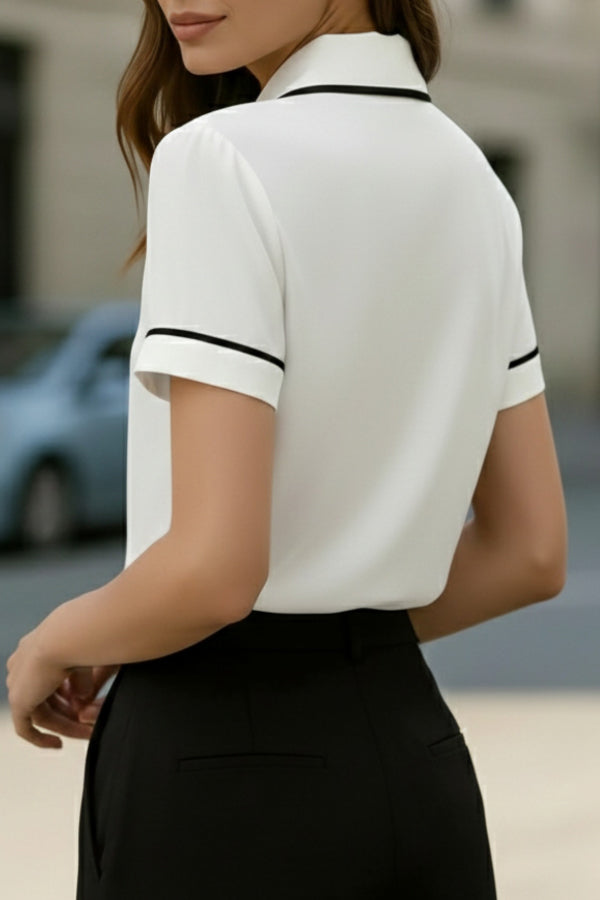 Cardydony Women's  Stylish Color-blocked Trim Collared Short-sleeved Casual Shirt