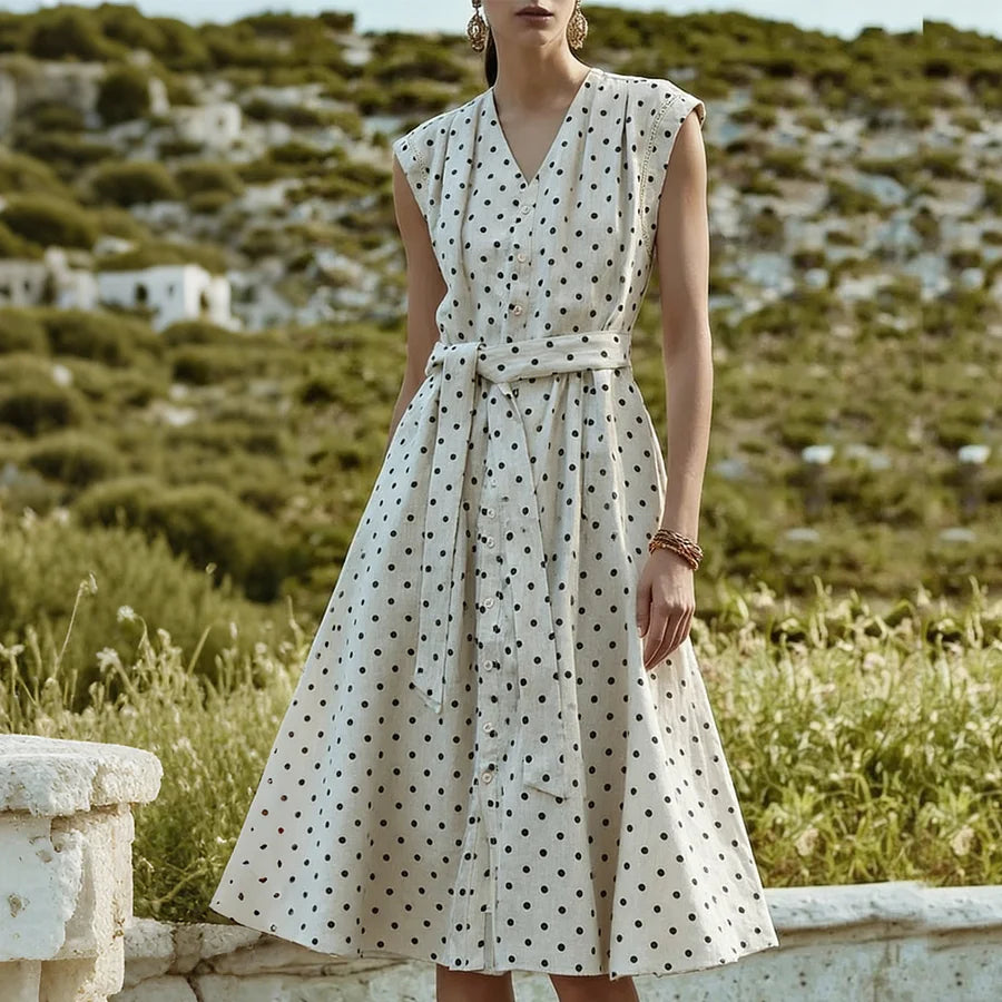 Cardydony Retro Polka Dot V Neck Sleeveless Linen Maxi Dress
