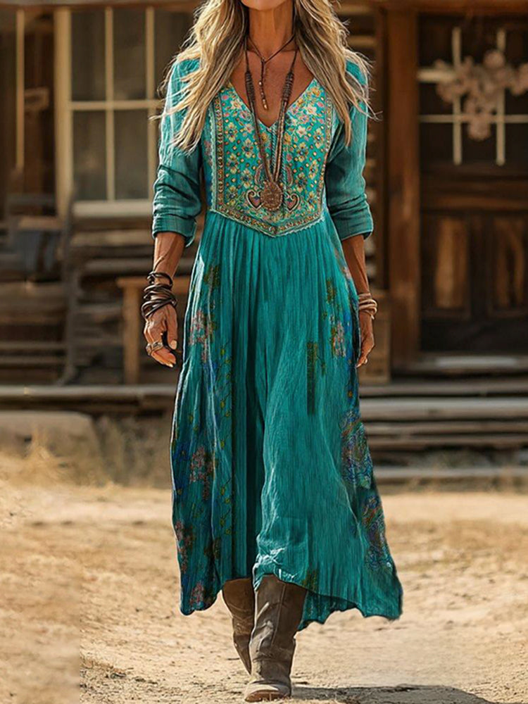 Cardydony Vintage Ethnic Floral Art Pattern Linen Blend V-neck Loose Long Sleeve Midi Dress