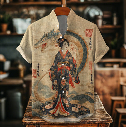 Cardydony Men's Vintage Elegant Japanese Geisha With Dragon Art Comfy Linen Blend Cozy Short Sleeve Shirt
