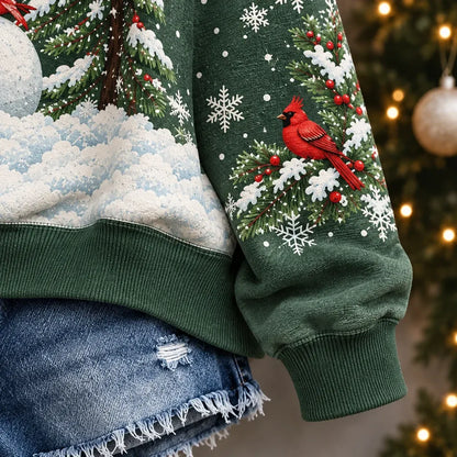 Cardydony Women's Festive Snowman Cardinal Christmas Tree Print Relaxed Fit Green Pullover Hoodie