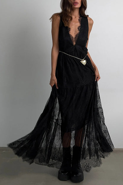 Cardydony Women's Fashionable Sheer Lace V-neck Backless Elegant Maxi Dress
